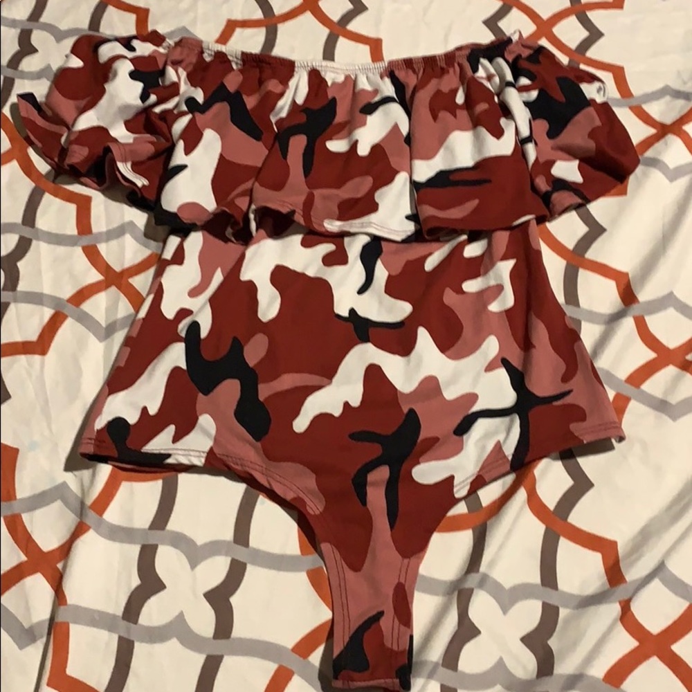 Womens camo leotard with hanging top.